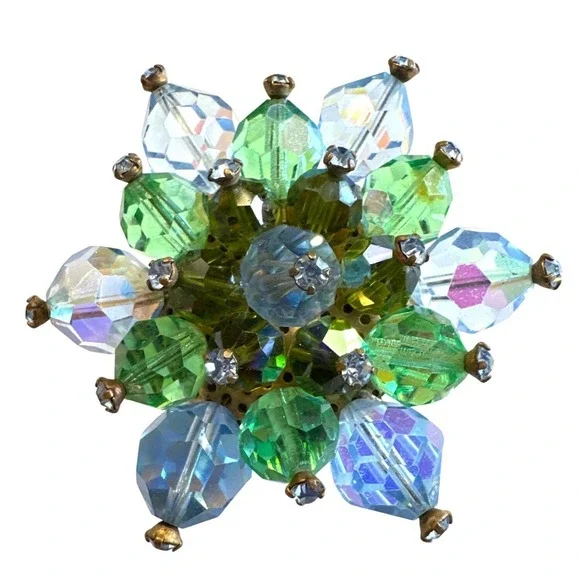 VTG 1950s AB‎ Crystal Brooch 2" Aurora Borealis Beaded Cluster Flower Pin MCM - Picture 3 of 10